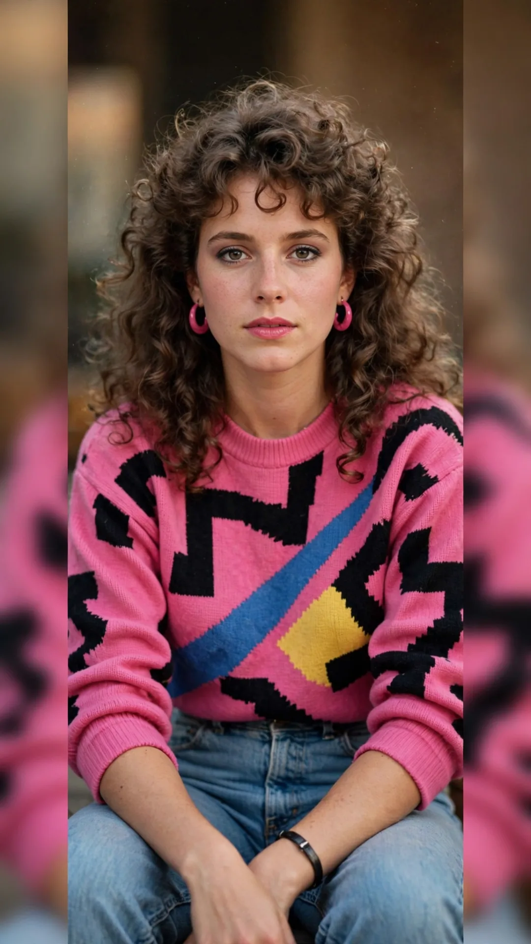 1980s Retro Sweater Portrait - Vintage Pink Style