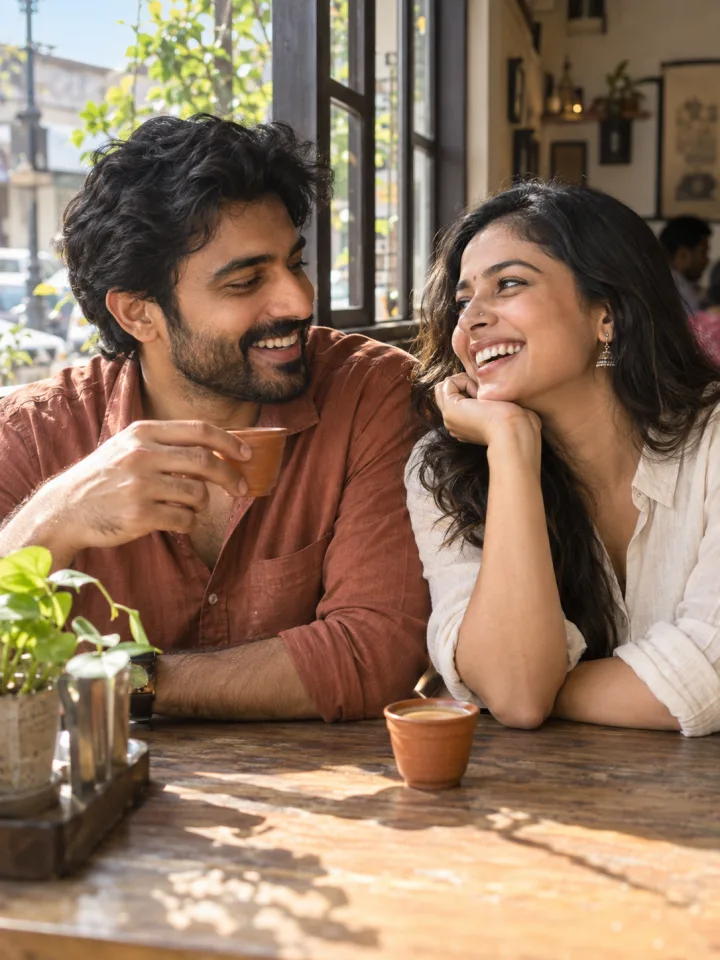 AI style preview of an adult Indian couple in casual clothing laughing over clay chai cups at a cafe