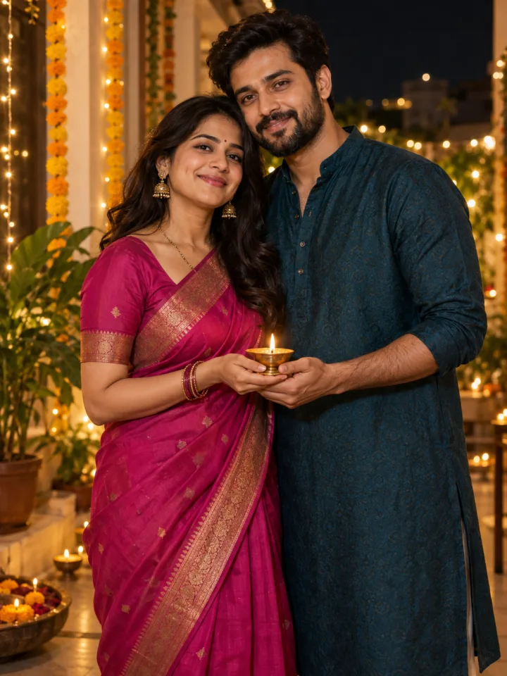 AI style preview of an adult Indian couple in magenta and teal festive clothing with a diya and marigolds