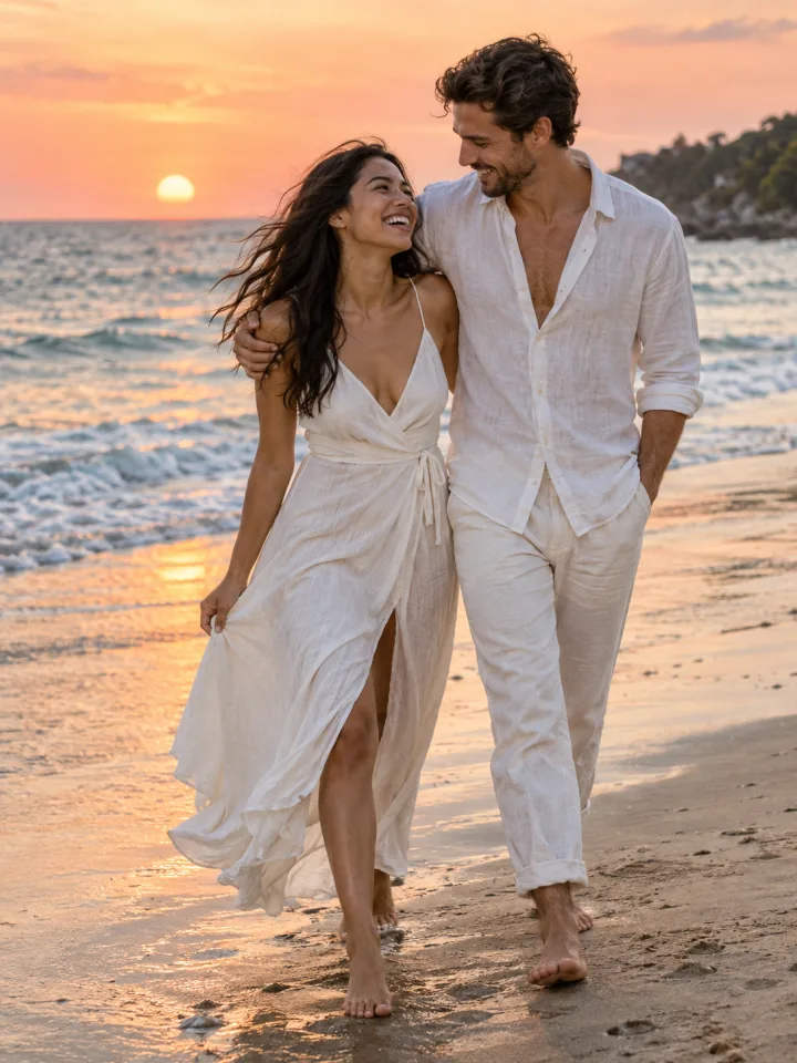 AI style preview of an adult couple in white linen laughing together on a sunset beach