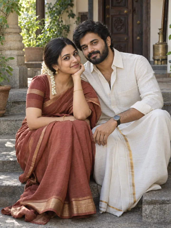 AI style preview of an adult Indian couple in rust cotton saree and cream clothes seated on heritage stone steps