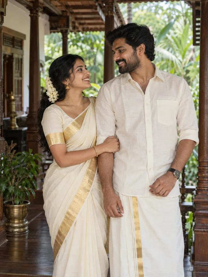 AI style preview of a South Indian adult couple in kasavu saree and mundu on a green timber veranda