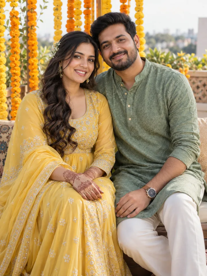 AI style preview of an adult Indian couple in yellow anarkali and green kurta at a marigold-decorated pre-wedding terrace