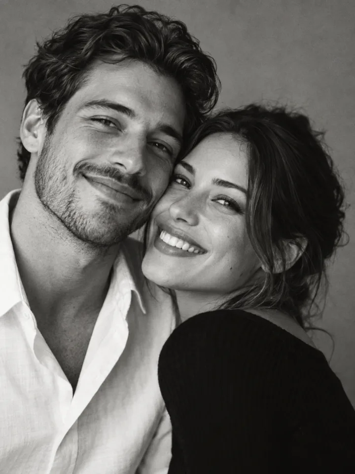 AI style preview of an adult couple smiling cheek to cheek in a black-and-white studio portrait