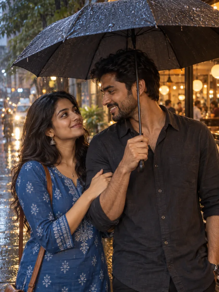 AI style preview of a contemporary adult Indian couple sharing an umbrella on a rainy Mumbai street