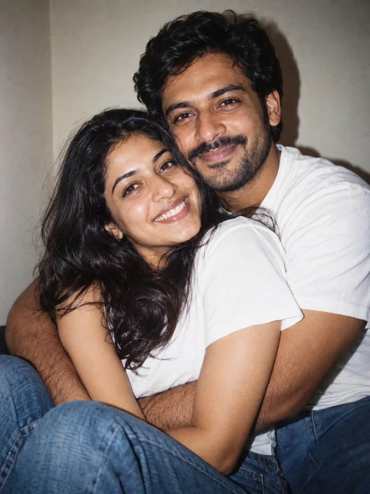 AI style preview of an adult Indian couple in denim and white casual clothes smiling in a flash-lit film portrait