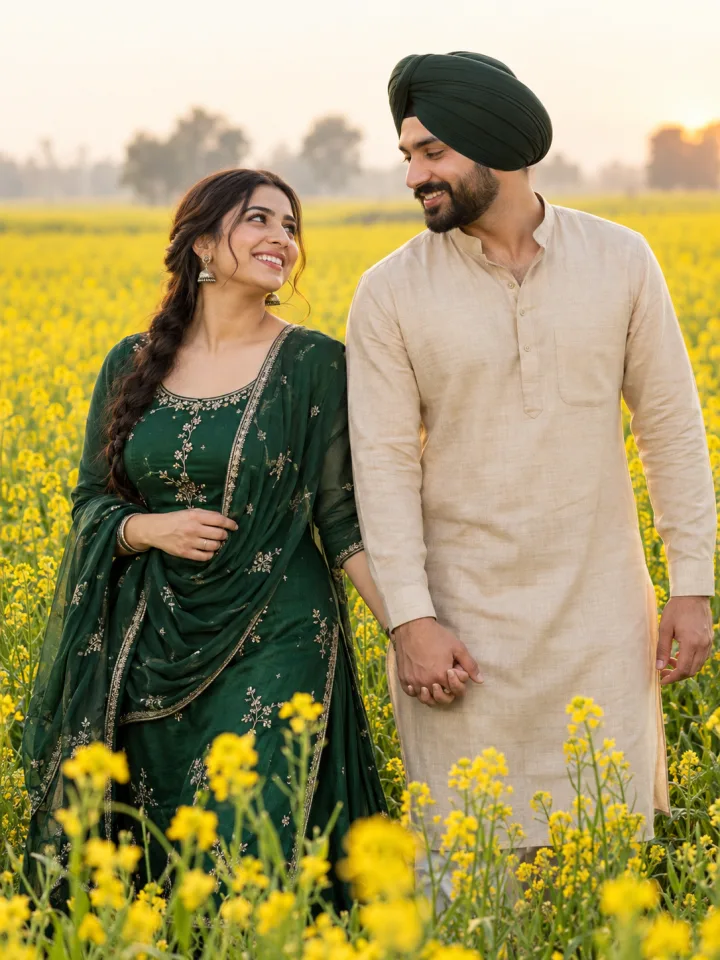 AI style preview of an adult couple in emerald salwar suit and beige kurta beside a yellow mustard field