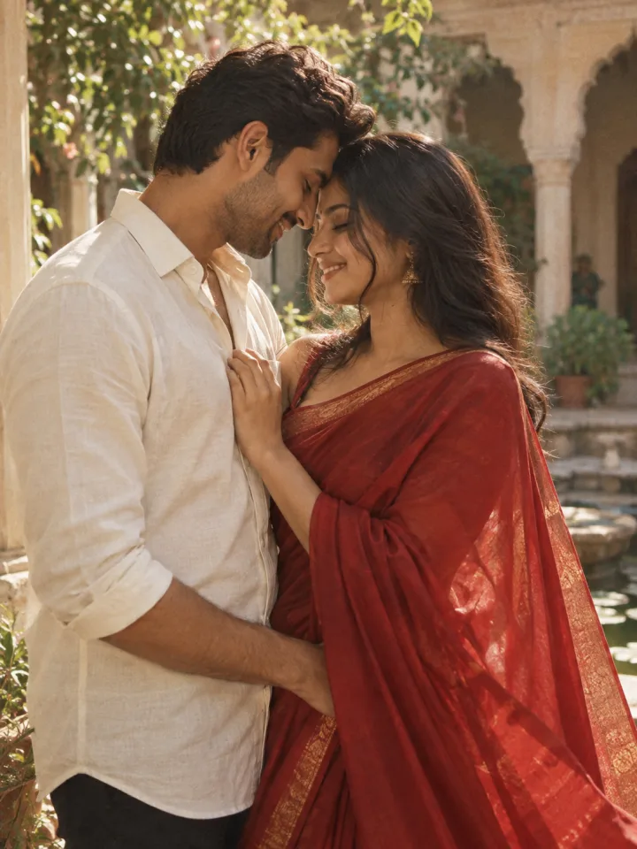 AI style preview of an adult Indian couple in a red saree and ivory shirt in a heritage courtyard