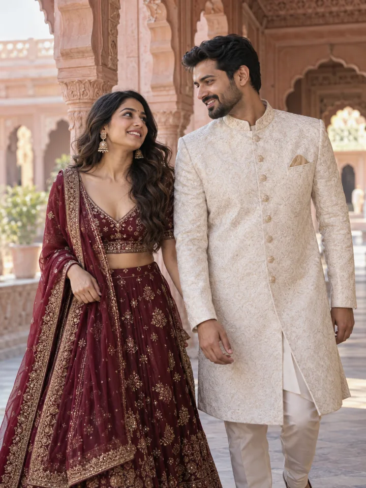 AI style preview of an adult Indian couple in a wine lehenga and ivory sherwani at a pink sandstone haveli